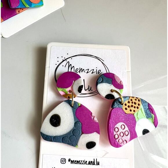 Handmade Polymer Clay Earrings Handcrafted Artwork Floral - Picture 1 of 6